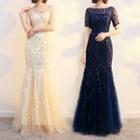 Leaf Sequined Short-sleeve Sheath Evening Gown