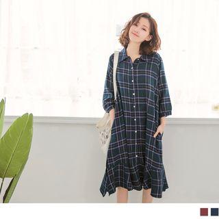 3/4 Sleeve Plaid Ruffled Hem Shirtdress