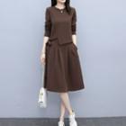 Set: Asymmetrical Tie-side Long-sleeve Top + A-line Skirt