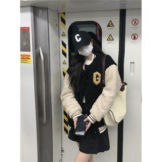 Fleece Color Panel Long-sleeve Baseball Jacket Black & White - One Size