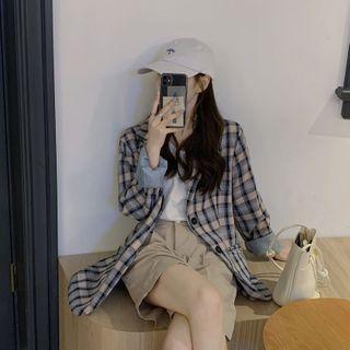 Plaid Long-sleeve Blazer Blue - One Size