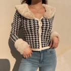 Houndstooth Faux Collar & Sleeve Cropped Cardigan