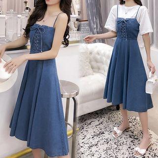 Spaghetti-strap Lace-up A-line Denim Dress