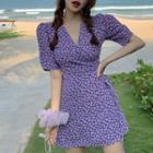 Short-sleeve Floral Print Mini A-line Wrap Dress Floral - Purple - One Size