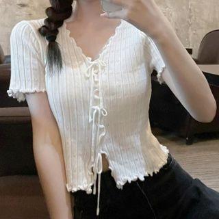 V Neck Plain Ruffle Short Sleeve Knitted Crop Top