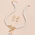 Set: Faux Pearl Necklace + Drop Earring Su024 - Set - Necklace & 1 Pair Earring - Gold & White - One Size