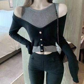 Long-sleeve Off-shoulder Panel Knit Top