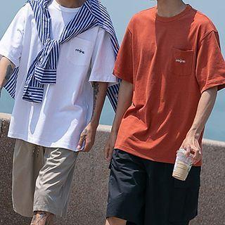 Short Sleeve Pocket Front Lettering Embroidered Tee