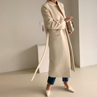 Mandarin-collar Long Coat & Sash Cream - One Size