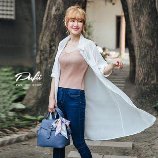 Dual Pocket Long Chiffon Shirt White - One Size