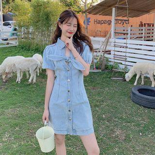 Bow-accent Short-sleeve Slim-fit Denim Dress Blue - One Size