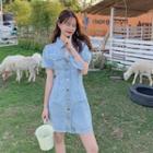 Bow-accent Short-sleeve Slim-fit Denim Dress Blue - One Size
