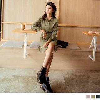 Drawstring Waist Long Sleeve Shirtdress