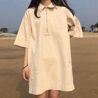 Half-zip Elbow-sleeve Polo Dress Almond - One Size