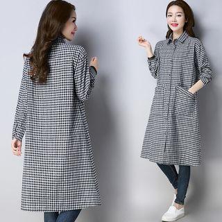 Gingham Long-sleeve Midi Shirt Dress