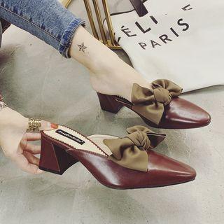 Bow-accent Pointed Block Heel Mules