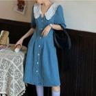 Short-sleeve Wide-collar Buttoned A-line Denim Dress