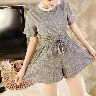 Set: Glitter Short-sleeve T-shirt + Drawstring Wide-leg Shorts