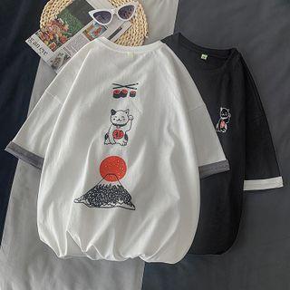 Mock Two-piece Cartoon Print Short-sleeve T-shirt