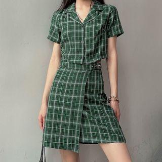 Set: Short-sleeve Plaid Crop Shirt + A-line Skirt