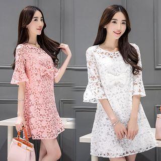 Elbow-sleeve Bow-accent A-line Dress