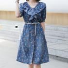 Short-sleeve Flower Print Ruffle A-line Dress