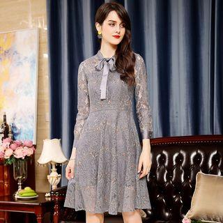 Floral Long-sleeve A-line Lace Dress
