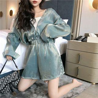 Set: Long-sleeve Blouse / Wide-leg Shorts