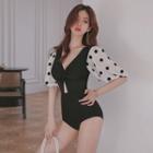 Puff-sleeve Dotted Twisted Swimsuit