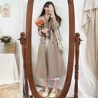 Double-breasted Long Coat / Bell-sleeve Blouse / Midi A-line Skirt