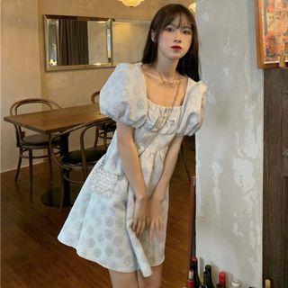 Puff-sleeve Square Neck Mini A-line Dress White - One Size