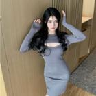 Set: Long Sleeve Plain Knit Shrug + Spaghetti Strap Plain Knit Dress