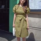 Plaid Short Sleeve A-line Dress As Shown In Figure - One Size