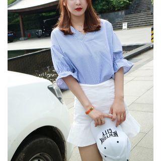Striped Elbow Sleeve V-neck Blouse