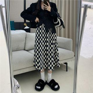 Checkerboard Midi A-line Skirt Check - Black & White - One Size