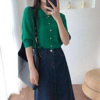 Elbow-sleeve Collar Button-up Knit Top