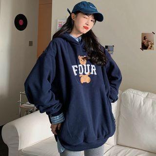 Fleece-lined Bear Embroidered Hoodie