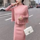 Set: Mock-neck Knit Vest + Back Slit Long-sleeve Knit Dress