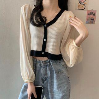 Long Sleeve Chiffon Panel Knit Crop Top