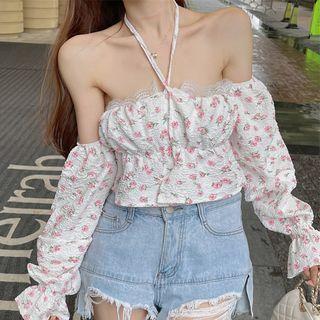 Cold-shoulder Floral Cropped Blouse White - One Size