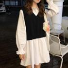 Long-sleeve Mini A-line Shirtdress / V-neck Knit Vest