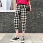 Band-waist Gingham Cropped Pants Black - One Size