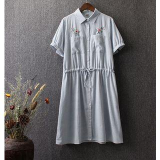Flower Embroidered Striped Short Sleeve Shirtdress