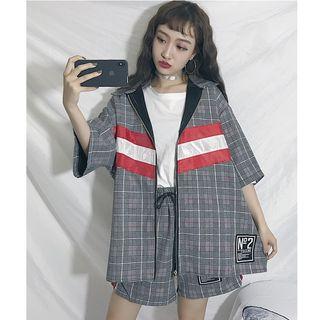 Set: Plaid Elbow-sleeve Zip Jacket + Shorts