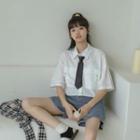 Short-sleeve Flap-pocket Cropped Blouse