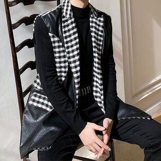 Faux Leather Plaid Panel Vest