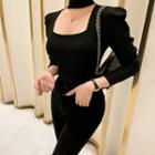 Puff-sleeve Cutout-front Ribbed Top