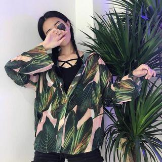 Leaf Print Shirt / Cross Strap Camisole Top