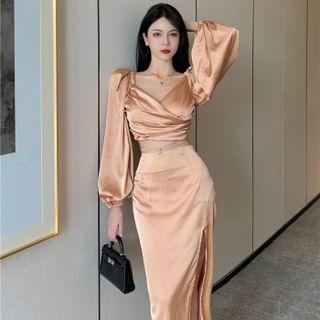 Balloon-sleeve Cropped Blouse / Slit Midi Pencil Skirt