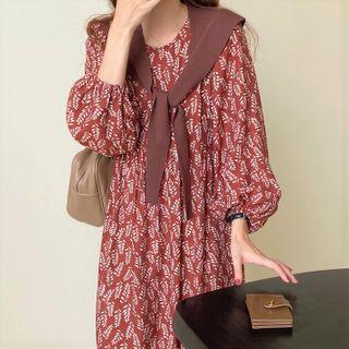 Long-sleeve Printed Midi Dress / Shawl
